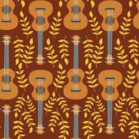 ukulele naadloos patroon, ukelele. patroon met monster, bladeren, bloemen, notities, inscripties vector