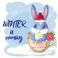 schattig tekenfilm konijn in een de kerstman hoed Aan een achtergrond van sneeuw. winter 2023, Kerstmis en nieuw jaar vector
