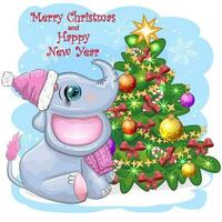 schattig tekenfilm olifant, kinderachtig karakter in de kerstman hoed met geschenk, Kerstmis bal of snoep riet in de buurt Kerstmis boom vector