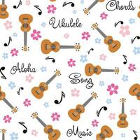 ukulele naadloos patroon, ukelele. patroon met monster, bladeren, bloemen, notities, inscripties vector