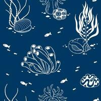 vector naadloos patroon met algen, schelpen, koralen, vissen en anemonen. illustratie Aan een blauw achtergrond. ontwerp Aan marinier thema. perfect voor behang, kleding stof, textiel, omhulsel papier en ander.