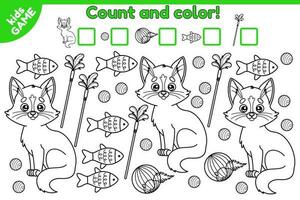 tellen wiskundig spel voor kinderen. berekenen hoe veel katten en kat speelgoed. kleur bladzijde met tekenfilm schattig katje en kat speelgoed. werkzaamheid voor peuter- en school- kinderen. vector illustratie.