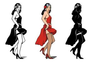 Spaans danser vrouw karakter. sexy meisje dansen. schets, kleur en silhouet versies. vector cliparts geïsoleerd Aan wit.