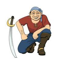humoristisch piraat glimlachen en poseren met sabel. tekenfilm karakter. vector clip art
