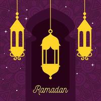 ramadan kareem poster met hangende lantaarns vector