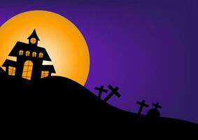 gelukkig halloween concept. zwart halloween achtervolgd huis met de vol maan Aan een spookachtig nacht met een Purper lucht met de grafsteen. silhouet landschap. vector