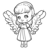 schattig meisje engel tekenfilm vector schets. meisje met engel Vleugels vector.
