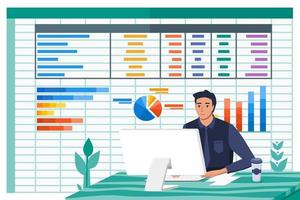 accountant man werk met spreadsheet papierwerk programma vector