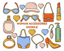 set handgetekende vrouw accessoires cartoon doodle set illustratie vector