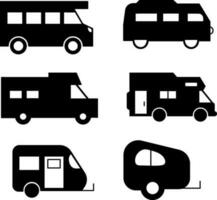 zwart caravan, camper bestelwagen, en camper pictogrammen vector