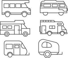 reeks van caravan, camper bestelwagen, en camper lijn pictogrammen vector