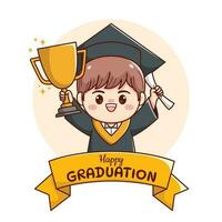 banier of lint gelukkig diploma uitreiking jongen Holding trofee en papier schattig kawaii chibi tekenfilm vector