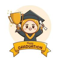 banier of lint gelukkig diploma uitreiking moslim hijab meisje met Holding trofee en papier schattig kawaii chibi tekenfilm vector