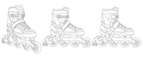 rol schaatsen. sport- schoenen voor professioneel rol het schaatsen. zwart en wit regeling van de model- van rol skates van de voorkant en binnen. gedetailleerd tekening. vector