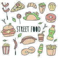 gekleurde hand- getrokken straat voedsel reeks vector