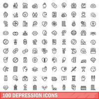 100 depressie pictogrammen set, schets stijl vector