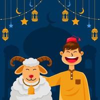 gelukkige schapen en lachende moslim die eid adha . viert vector