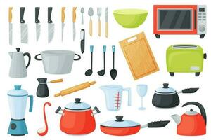 tekenfilm keuken gebruiksvoorwerpen, Koken gereedschap en huishoudelijke apparaten, keukengerei. pan, frituren pan, bestek, magnetron, kookgerei uitrusting vector reeks