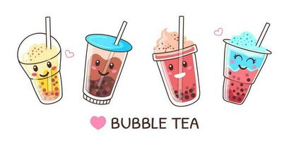 bubbel melk thee cups met schattig gezichten, boba drinken karakters. parel melk drankjes met tapioca parels, verkoudheid zomer boba smoothie vector reeks