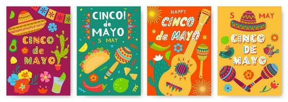 cinco de mayo festival affiches, Mexicaans vakantie viering folder. Mexico feest partij uitnodigingen met sombrero, gitaar, maracas vector reeks