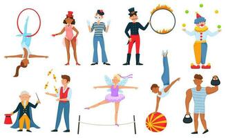 circus artiesten, goochelaar, clown, jongleur, acrobaat, sterke man. antenne acrobaten, dier trainer met brand ring, carnaval performer vector reeks