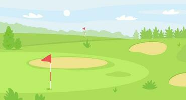 zomer golf Cursus landschap, groen gras veld- voor golfen. rood vlag en gat, fairway en zand bunkers, golf tafereel vector illustratie