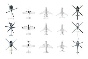 vliegtuigen en helicopters top visie. tekenfilm leger en civiel luchtvaart vliegtuigen, passagier en lading vliegtuig en helikopter modellen verzameling. vector reeks