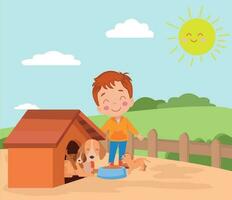 schattig weinig jongen spelen met hond in de hond huis vector illustratie