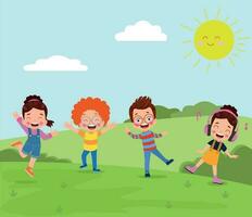 gelukkig kinderen spelen in de park. vector illustratie van gelukkig kinderen hebben pret buitenshuis.