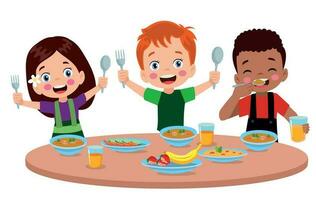 jongen en meisjes aan het eten Bij de dining tafel vector