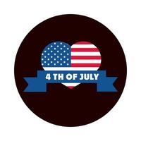 4 juli onafhankelijkheidsdag Amerikaanse vlag vormige hart lint ontwerp blok en platte stijlicoon vector