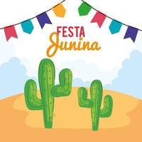 festa junina poster met cactus en hangende guirlandes vector