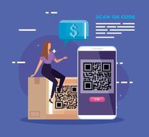 smartphone scan qr-code met zakenvrouw en pictogrammen vector