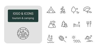 gemakkelijk reeks van logo en pictogrammen voor toerisme, camping, buitenshuis activiteiten, sport- complex. vector geïsoleerd Aan wit achtergrond