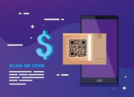 smartphone met qr-codescan en kartonnen doos vector