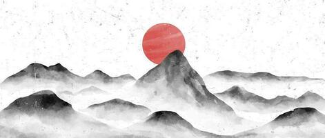 Japans berg landschap waterverf schilderij illustratie. abstract hedendaags esthetisch achtergronden landschappen. met bergen, heuvel, zon vector