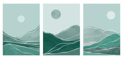 berg landschap illustratie. midden eeuw modern kunst afdrukken Aan set. abstract hedendaags esthetisch achtergronden landschappen. berg, zee, maan en zon vector