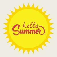 een geel zon met de woord Hallo zomer geschreven in rood Aan het. vector