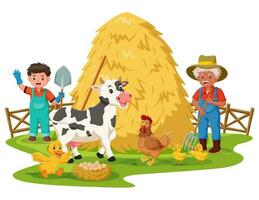 illustratie van kind boer en oud boer. boerderij tafereel met tekenfilm dieren. vector illustratie