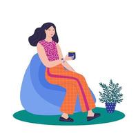 vrouwen die in een balstoel zitten en uitrusten en koffie drinken vector