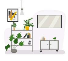 wit leven kamer interieur ontwerp met posters en planken, TV, binnen- planten. vector vlak illustratie.