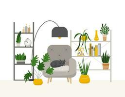 wit leven kamer interieur ontwerp met fauteuil, kat, binnen- planten. vector vlak illustratie.