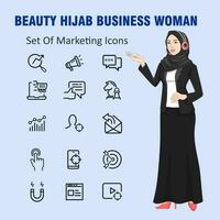 Arabisch moslim bedrijf vrouw karakter gebruik makend van koptelefoon en vector afzet icoon reeks