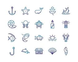 zeeleven nautische zeedieren en uitrusting dikke lijn blauwe pictogrammen vector
