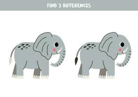 vind drie verschillen tussen twee afbeeldingen van schattig olifanten. spel voor kinderen. vector