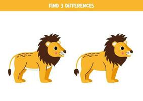 vind drie verschillen tussen twee afbeeldingen van schattig leeuw. spel voor kinderen. vector