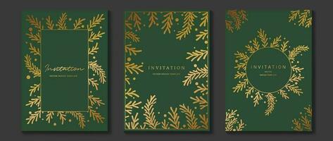 luxe gala uitnodiging kaart achtergrond vector. gouden elegant meetkundig vorm geven aan, goud bladeren Afdeling Aan groen achtergrond. premie ontwerp illustratie voor bruiloft en vip Hoes sjabloon, groots opening. vector