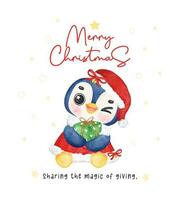 vrolijk Kerstmis pinguïn in de kerstman jurk en hoed. tekenfilm waterverf Kerstmis kunst vector