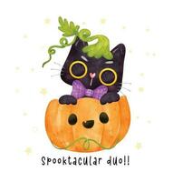 een schattig en nieuwsgierig zwart kat spelen Kiekeboe binnen een feestelijk halloween pompoen, verrukkelijk waterverf artwork vangt de essence van halloween met een tintje van speelsheid. vector