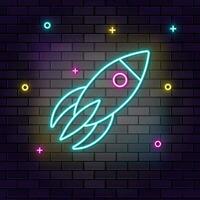 raket, ruimteschip, veelkleurig neon icoon Aan donker steen muur. vector